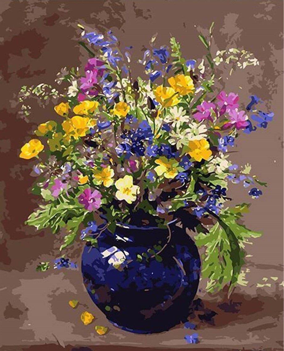 Mavi Vazodaki Çiçekler Sayılarla Boyama Seti 40x50 cm (Tuvale Gerili) - Womb Hobby