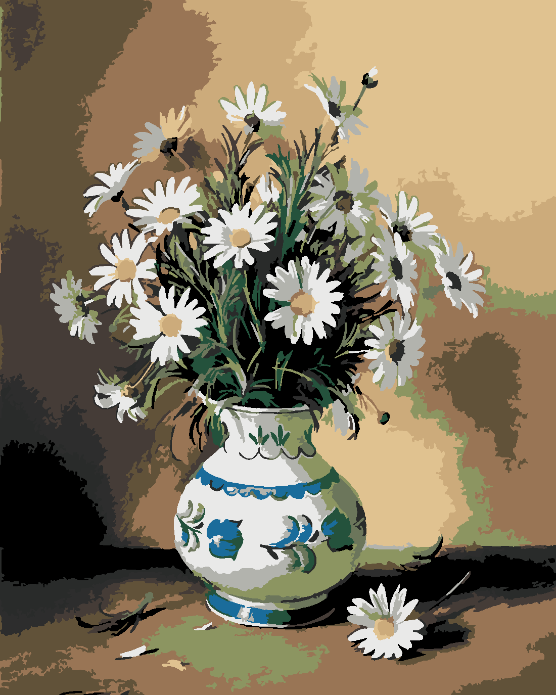 MAVİ VAZODAKİ PAPATYALAR Boyama Seti 40x50 cm (Tuvale Gerili)