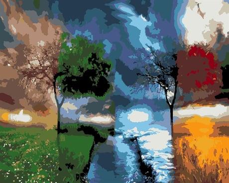 Mevsimler Sayılarla Boyama Seti  (Tuvale Gerili)