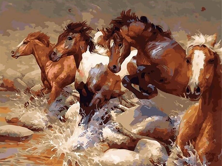 Nehirde Atlar Sayılarla Boyama Seti 40x50 cm (Tuvale Gerili) - Womb Hobby
