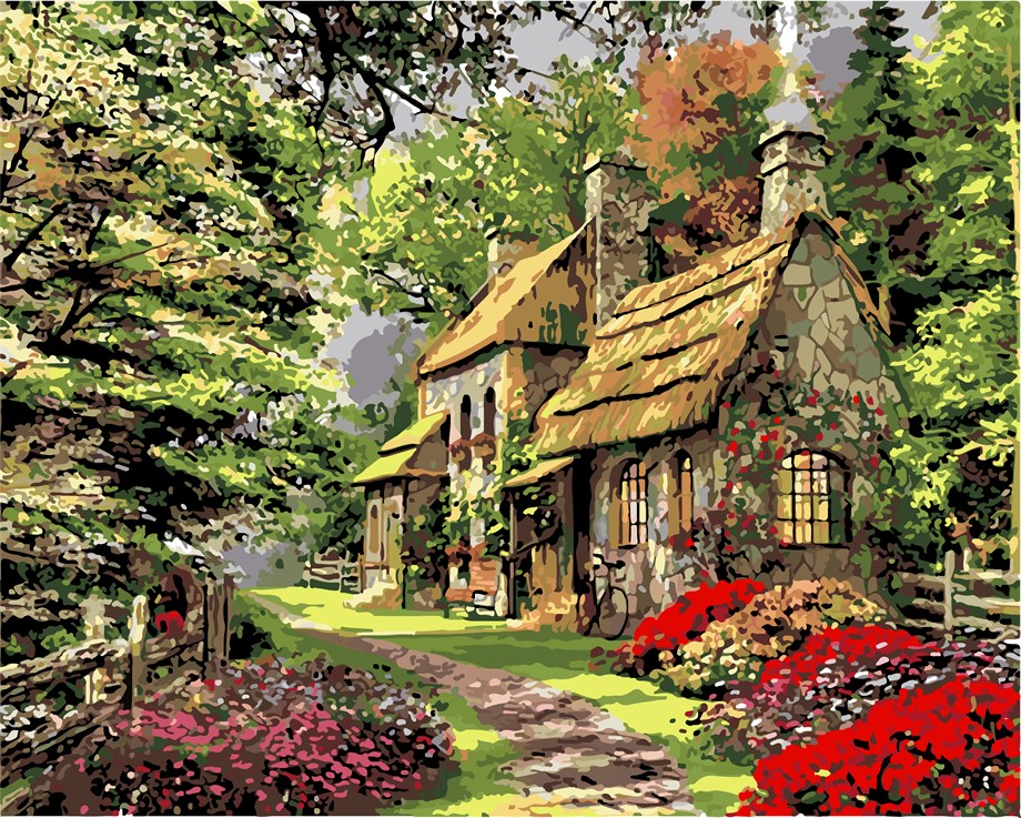 Ormandaki Ev Sayılarla Boyama Seti 60x75 cm (Tuvale Gerili)