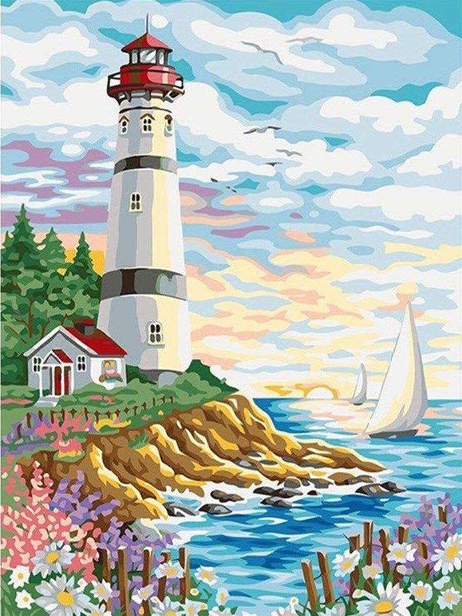 Pastel Deniz Feneri Sayılarla Boyama Seti(40x50 cm Tuval Şasesine Gerili)