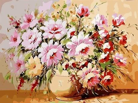 Pembe Çiçekler Sayılarla Boyama Seti 40x50 cm (Tuvale Gerili)