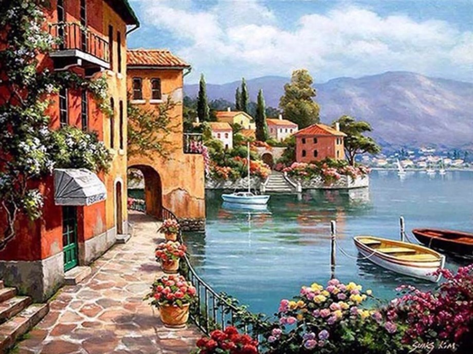 Sahil Kasabası Sayılarla Boyama Seti 50x65 cm (Tuvale Gerili)