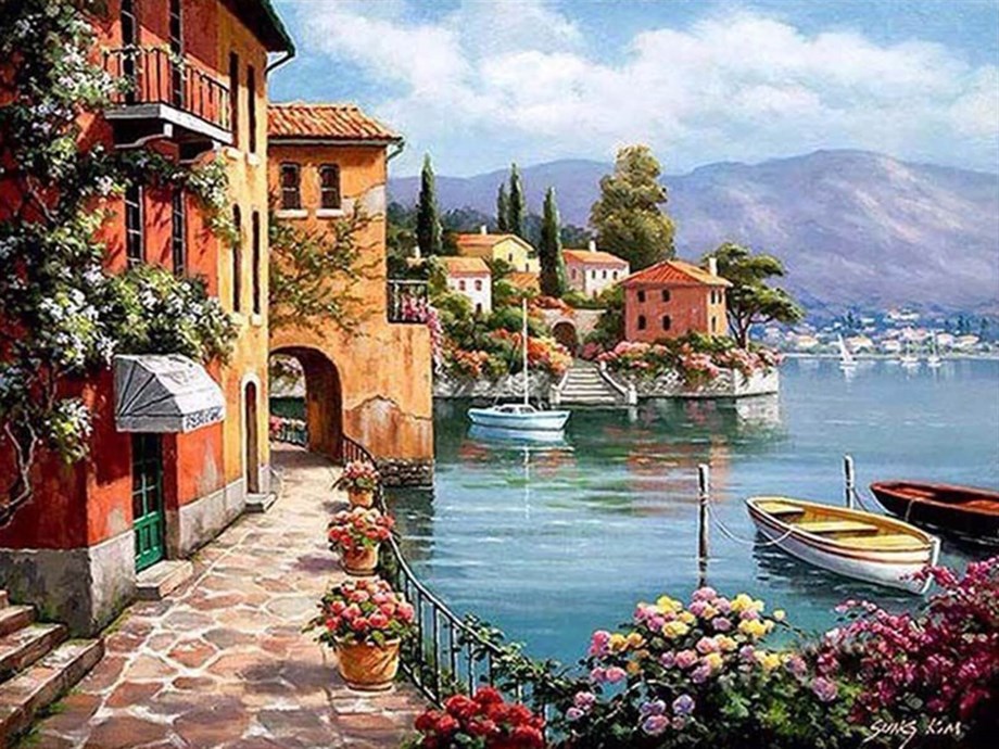 Sahil Kasabası Sayılarla Boyama Seti 60x75 cm (Tuvale Gerili)