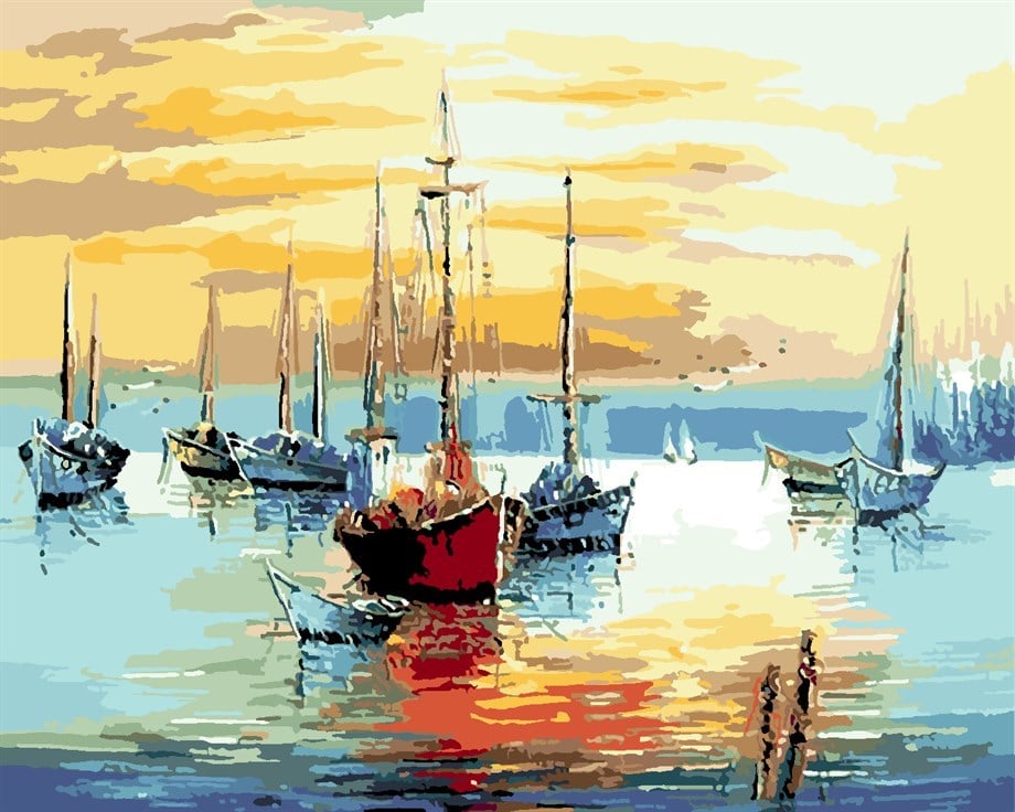 Sahilde Günbatımı Sayılarla Boyama Seti 50x65 cm (Tuvale Gerili)