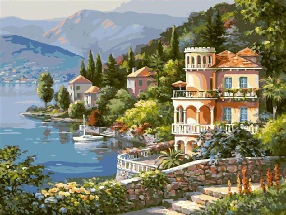 Sahilde Yalılar 3 Sayılarla Boyama Seti(40x50 cm Tuval Şasesine Gerili)