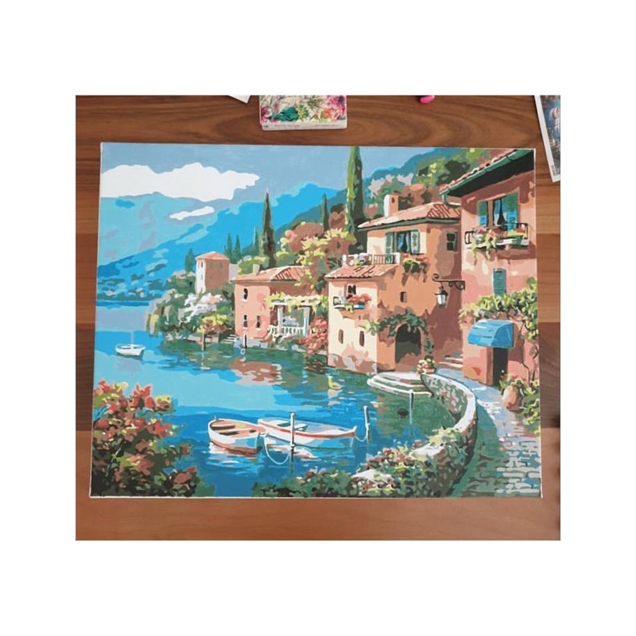 Sahilde Yalılar Sayılarla Boyama Seti 40x50 cm (Tuvale Gerili)