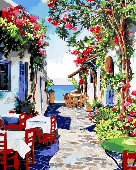 Sahildeki Kafe Sayılarla Boyama Seti  (Tuvale Gerili)