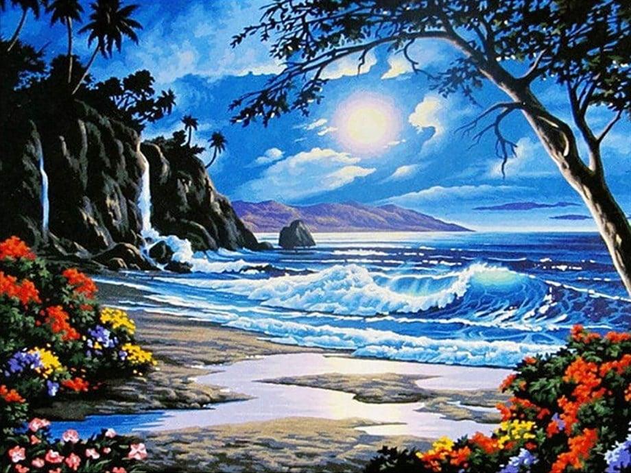 Sahile Açılan Bahçe Sayılarla Boyama Seti 40x50 cm (Tuvale Gerili)