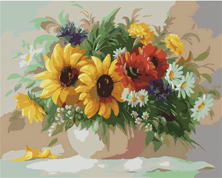 Vazodaki Ayçiçekleri Sayılarla Boyama Seti 60x75 cm (Tuvale Gerili)