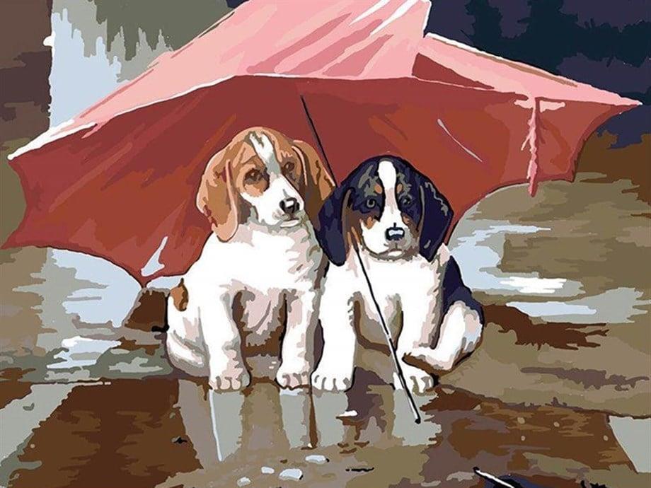 Yağmurdan Kaçarken Sayılarla Boyama Seti(40x50 cm Tuval Şasesine Gerili)