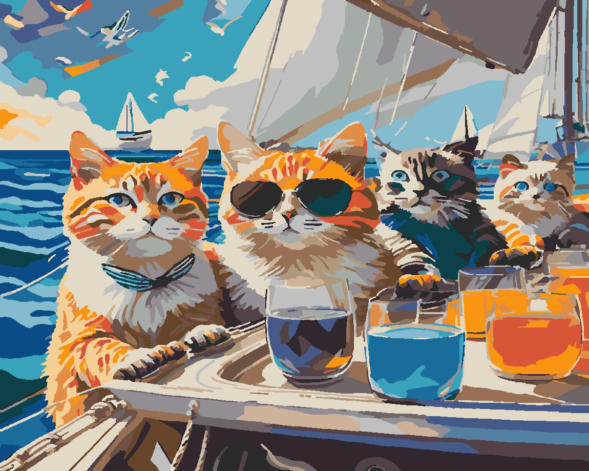Yat Partisindeki Kediler Boyama Seti 40x50 cm (Tuvale Gerili)