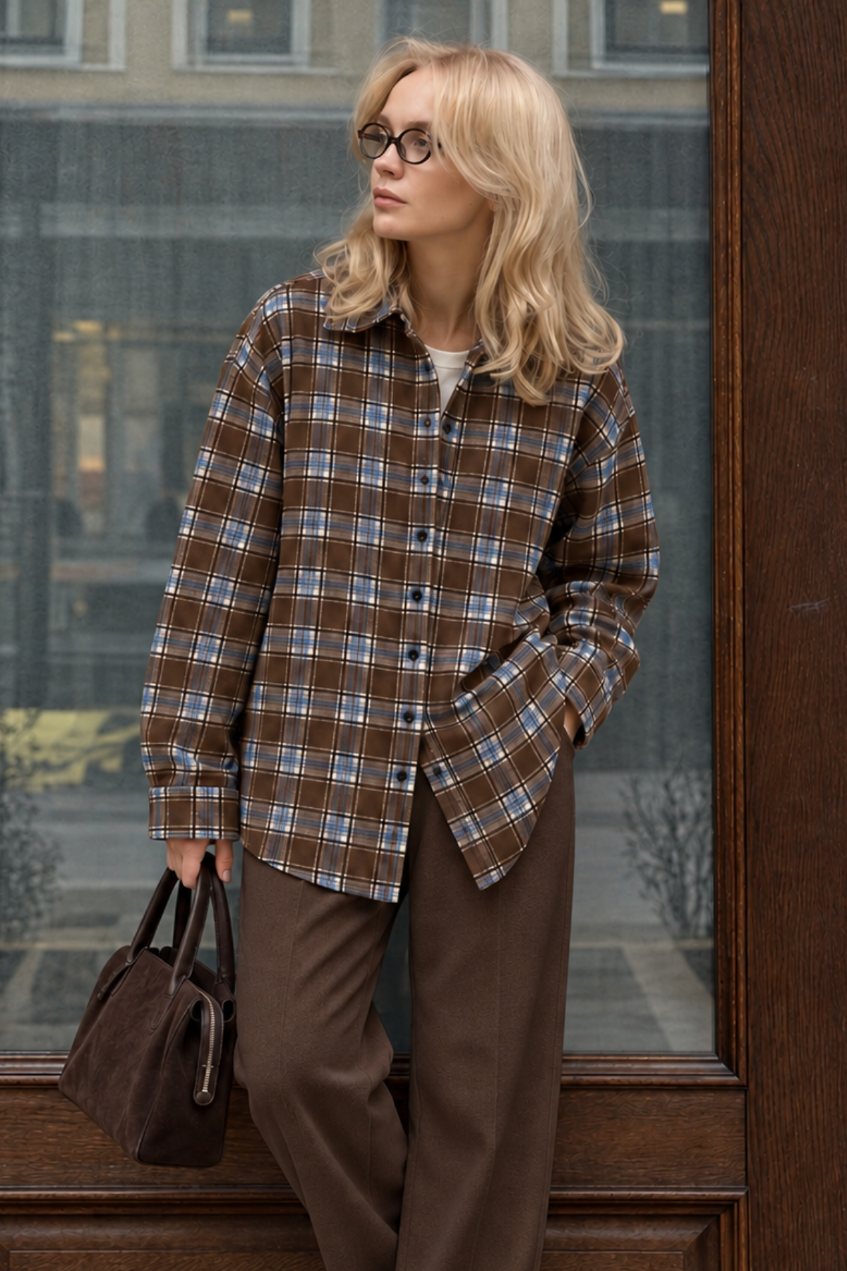 Bebe Mavisi Oversize Ekose Desenli Kadın Gömlek SH334