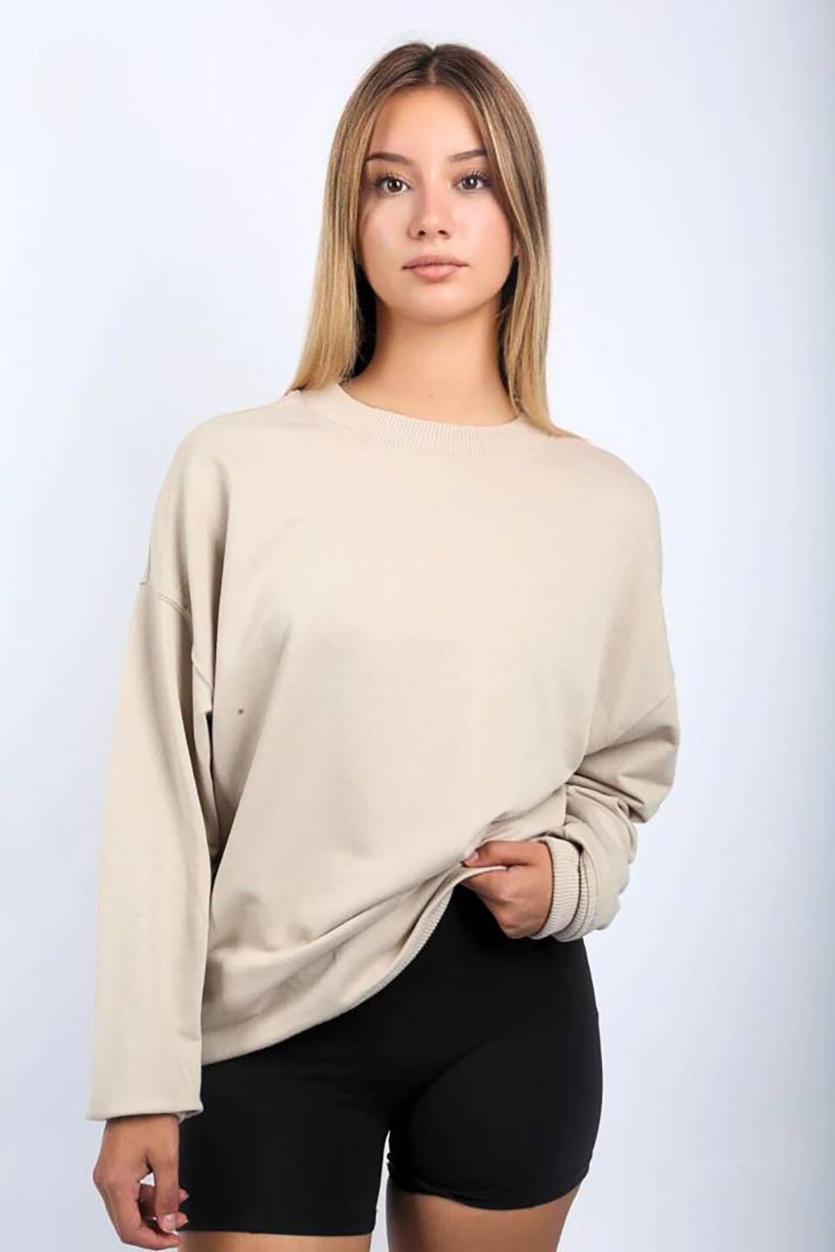 Bej Bisiklet Yaka Basic Sweatshirt SH111