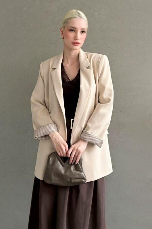 Bej Kol Desenli Blazer Kadın Ceket SH339