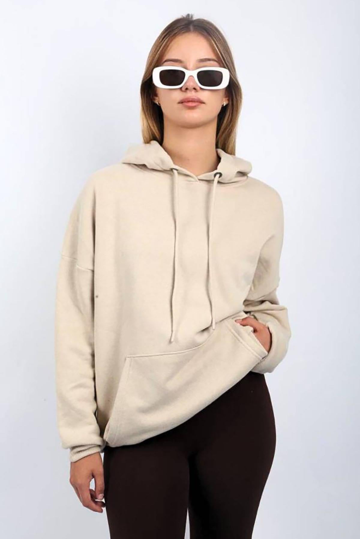Bej Oversize Kapüşonlu Sweatshirt SH114