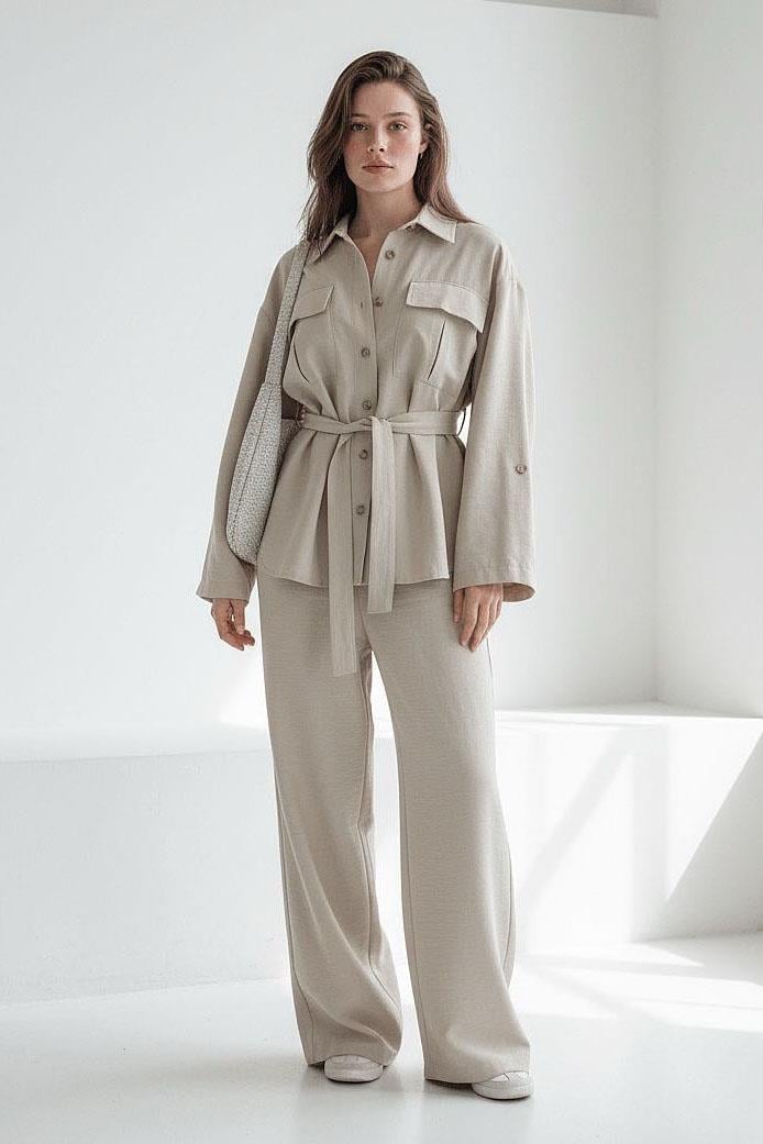 Bej Uzun Kollu Oversize Kadın Takım SH338