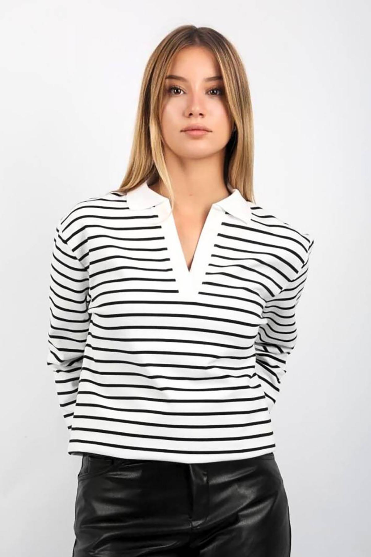 Beyaz Polo Yaka Çizgili Sweatshirt SH117