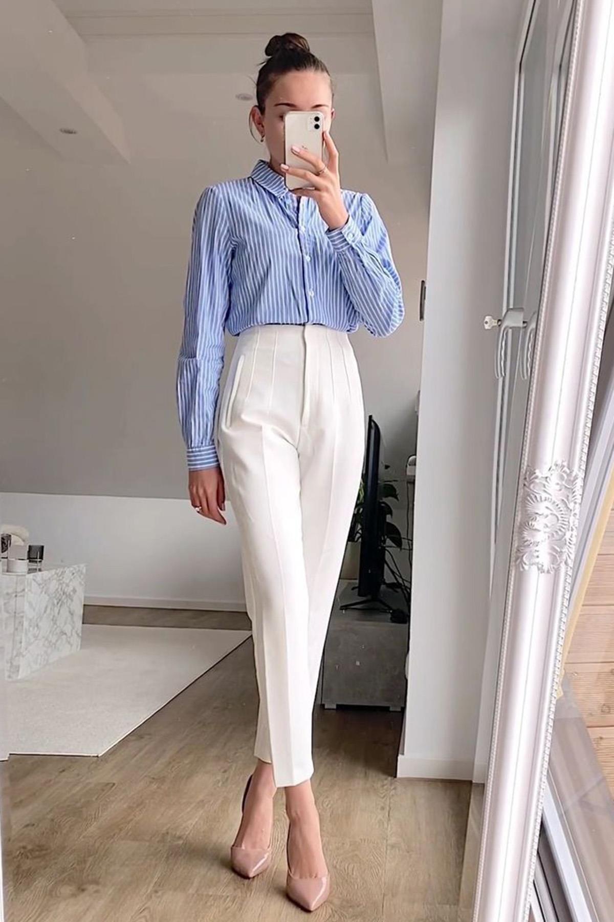 Beyaz Yüksek Bel Kadın Kumaş Pantolon SH192 