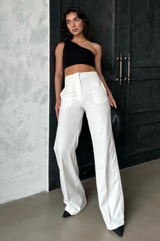 Beyaz Yüksek Bel Kumaş Pantolon SH325
