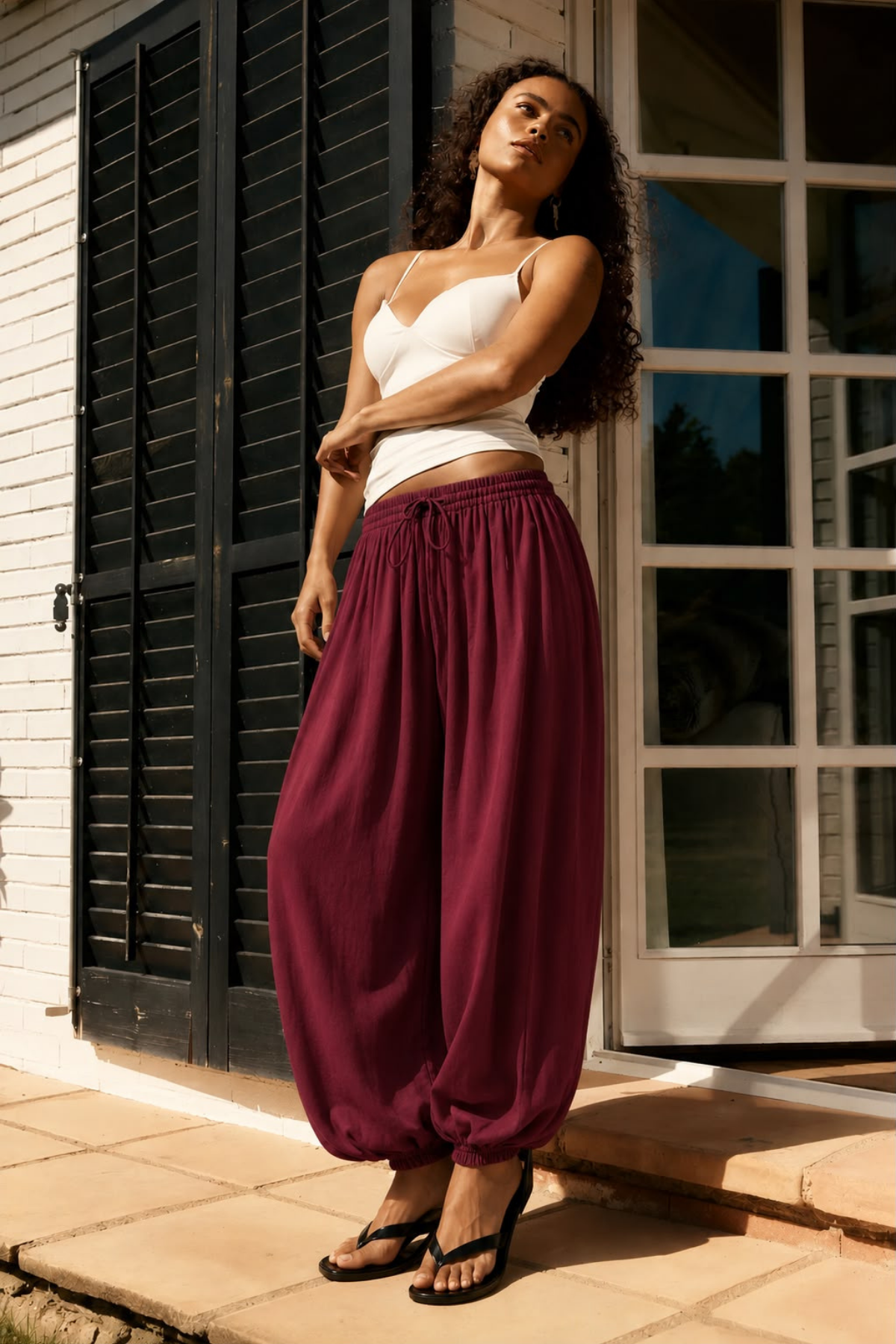 Bordo Beli Bağcıklı Paçası Lastikli Balon Pantolon  Sh390