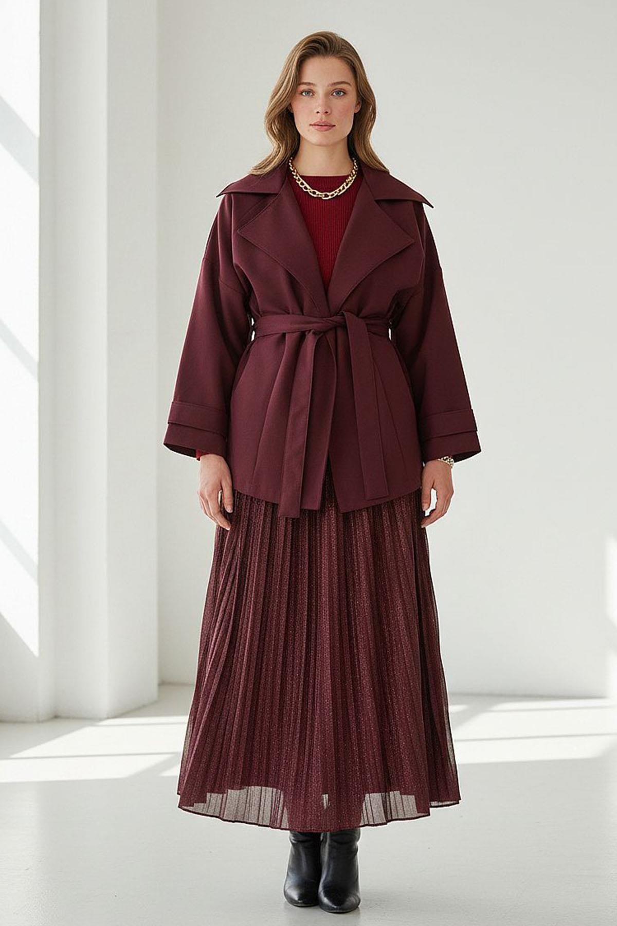 Bordo Beli Kemerli Kısa Kadın Trençkot SH340