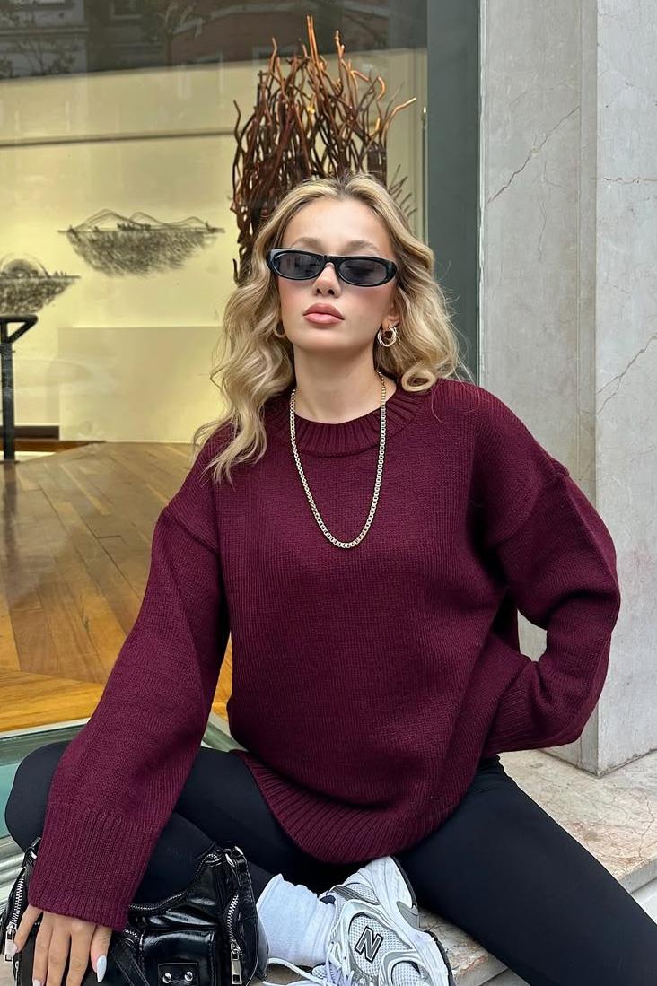 Bordo Bisiklet Yaka Oversize Triko Kazak SH173