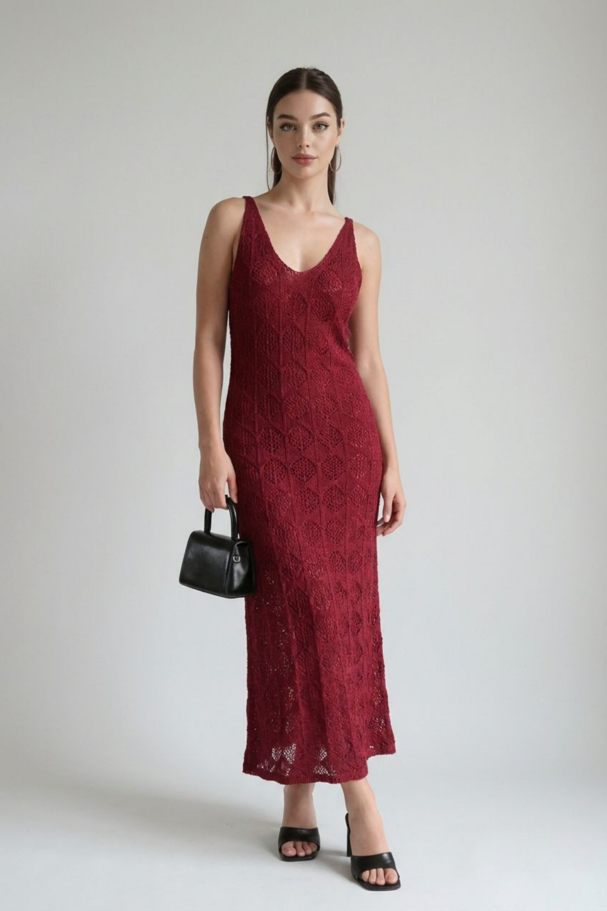 Bordo Kadın Desenli Uzun Örme Elbise SH284