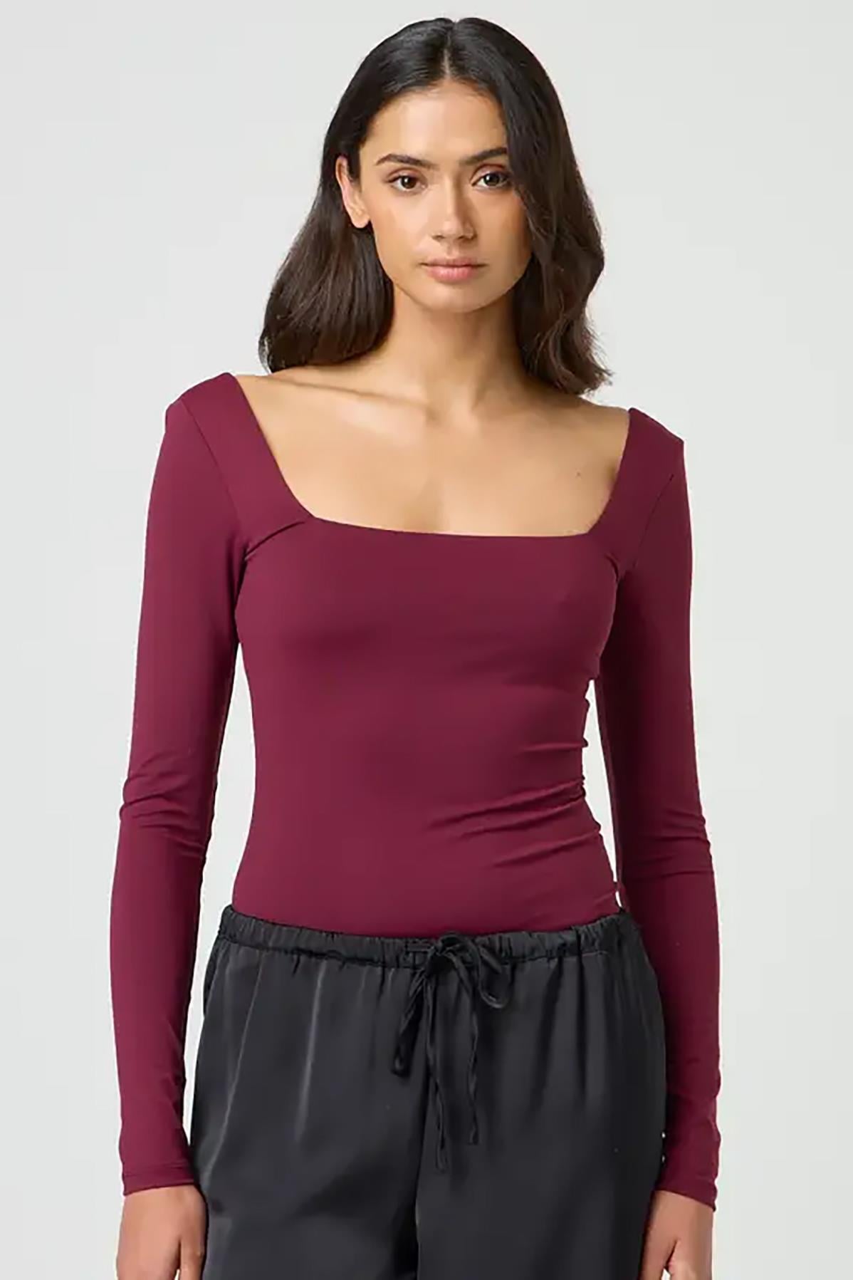 Bordo Kare Yaka Uzun Kollu Kadın Body SH202