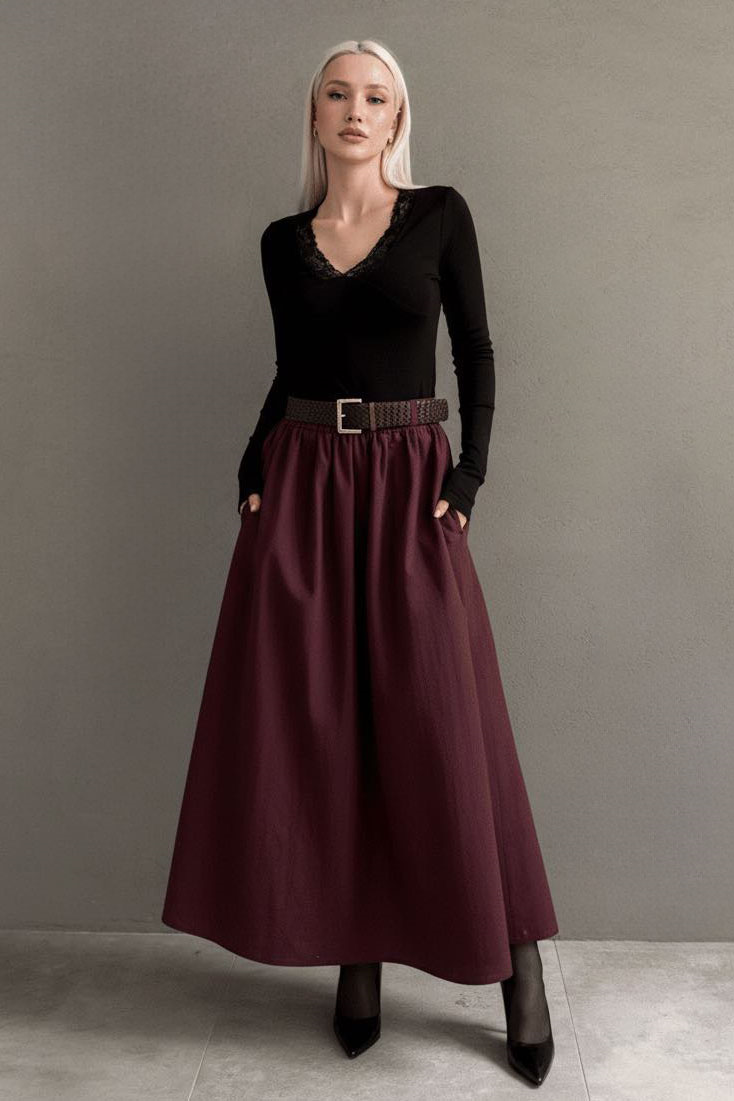 Bordo Kemerli Uzun Kadın Etek SH337
