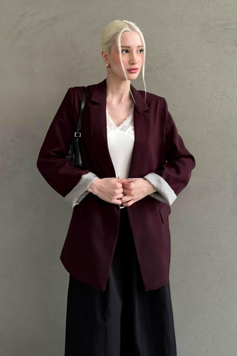 Bordo Kol Desenli Blazer Kadın Ceket SH339