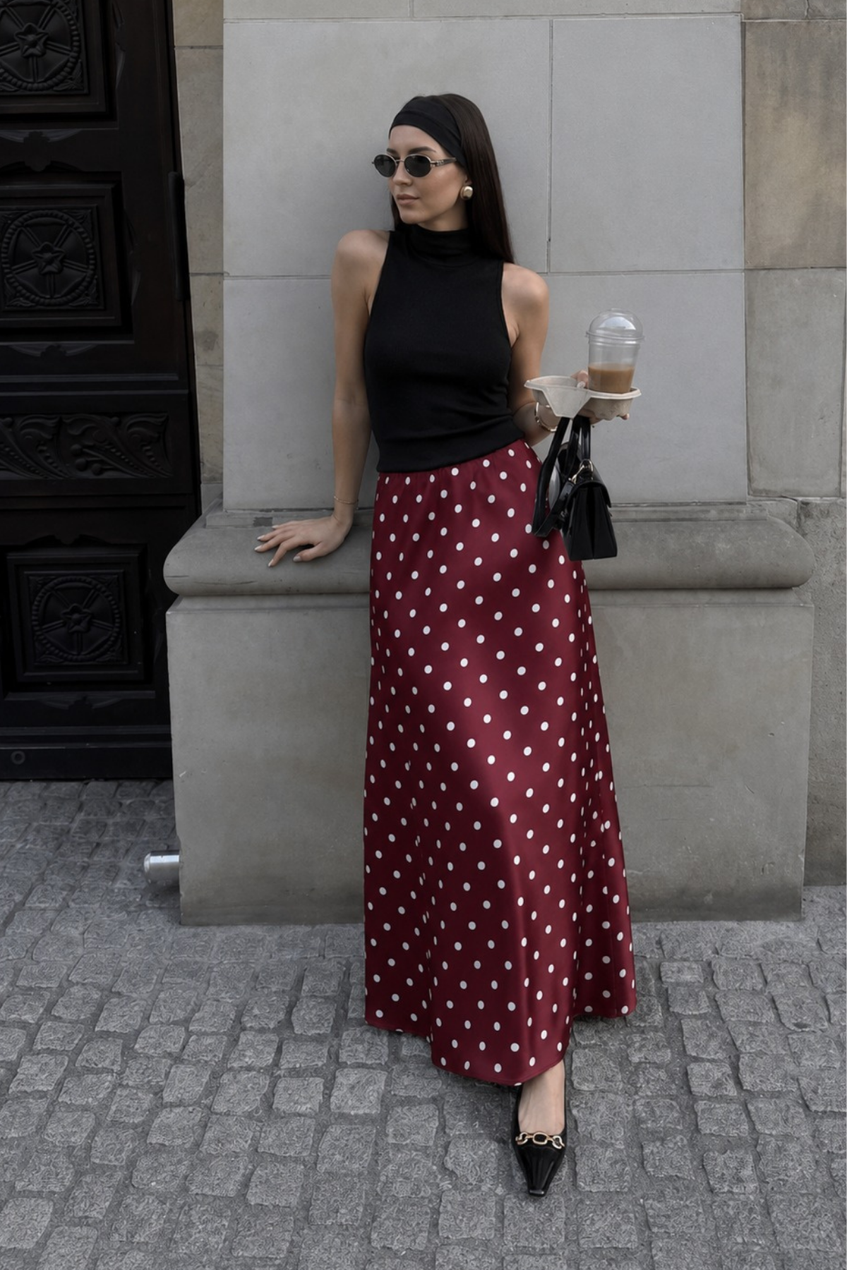 Bordo Puantiyeli Maxi Kadın Saten Etek SH385