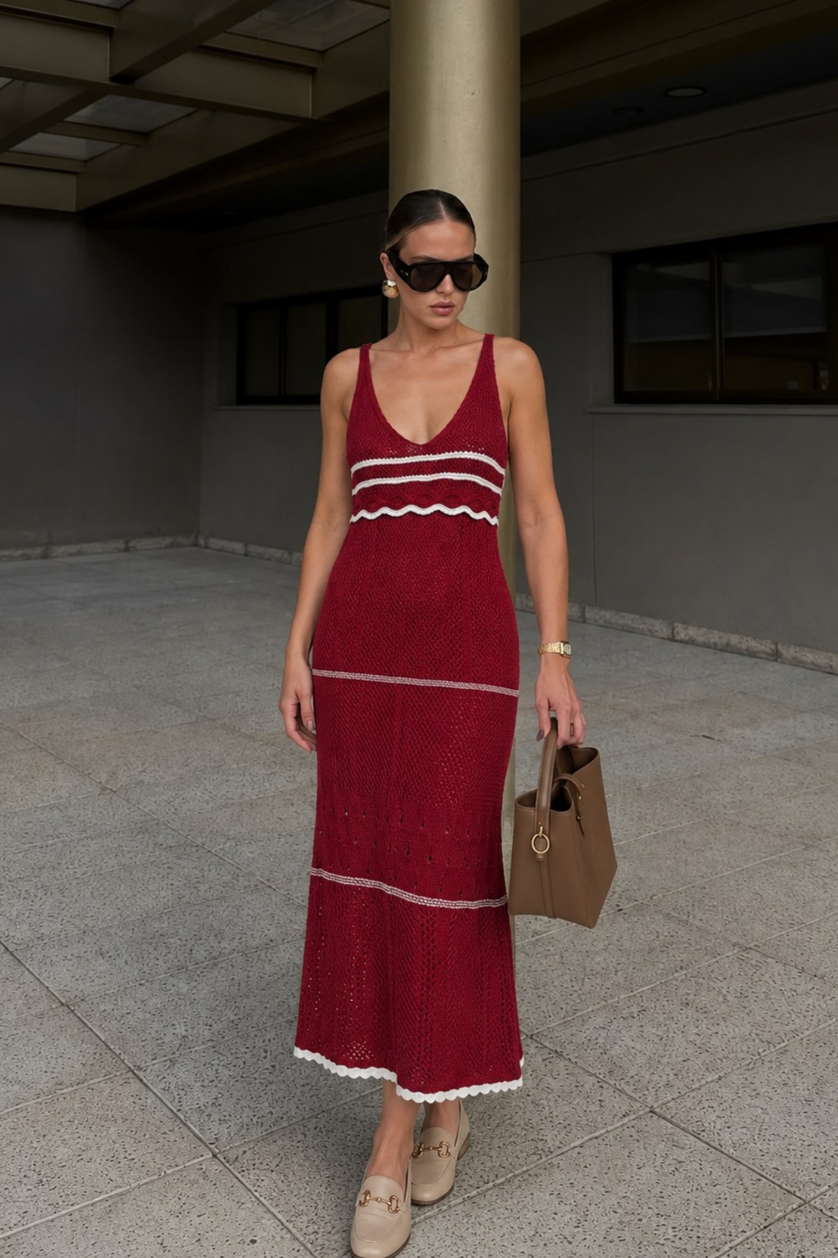 Bordo Şeritli Örme Kadın Elbise SH286