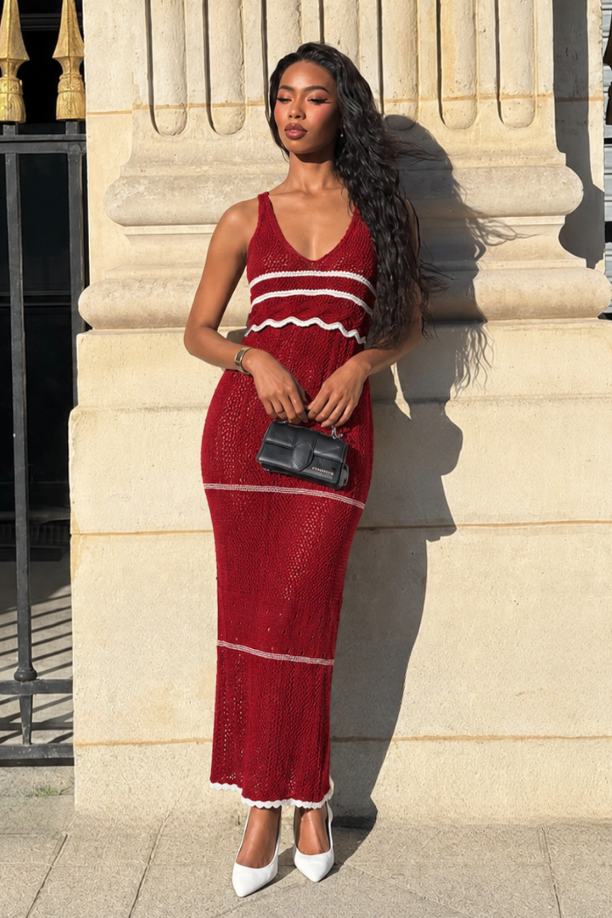 Bordo Şeritli Örme Kadın Elbise SH286
