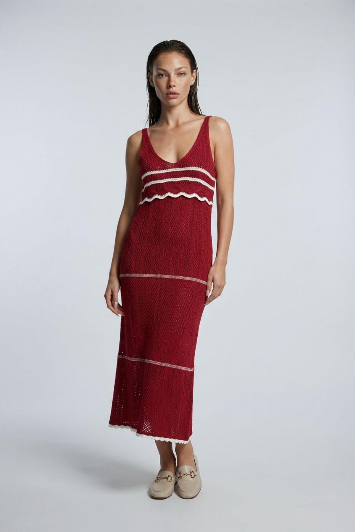 Bordo Şeritli Örme Kadın Elbise SH286