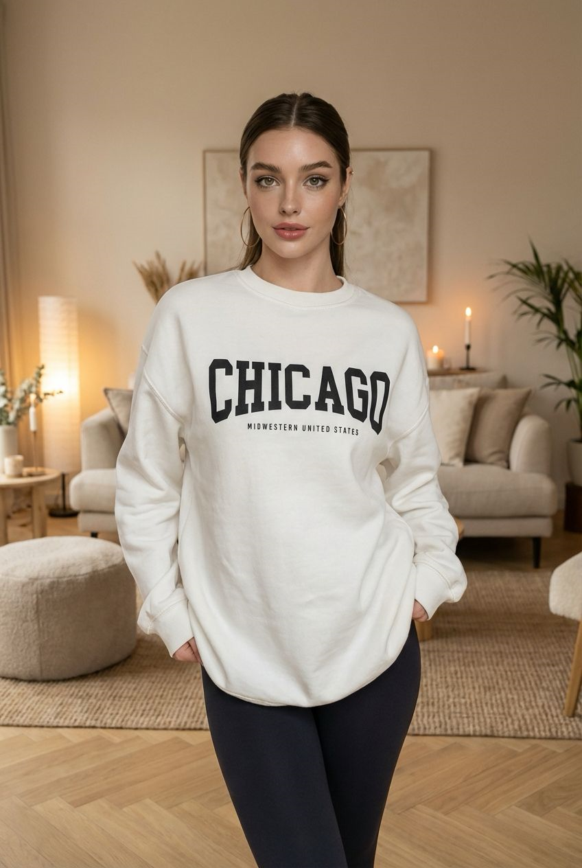 Ekru Bisiklet Yaka Baskılı Sweatshirt SH127