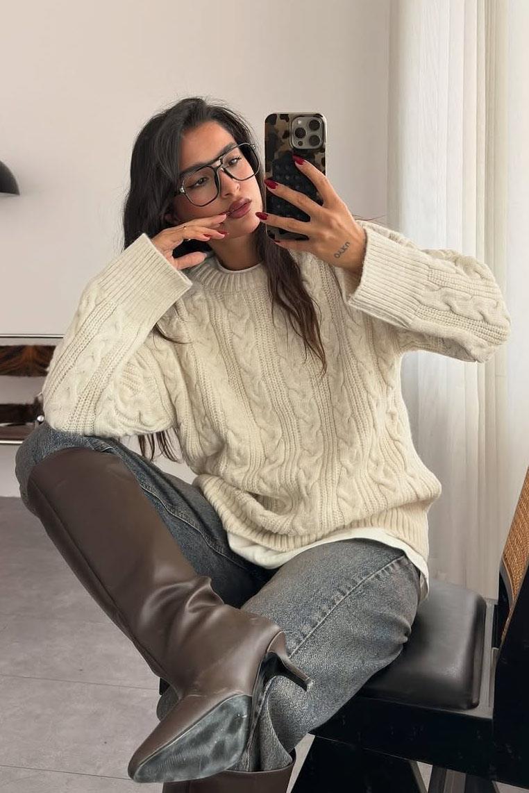 Ekru Triko Örme Kadın Kazak SH292
