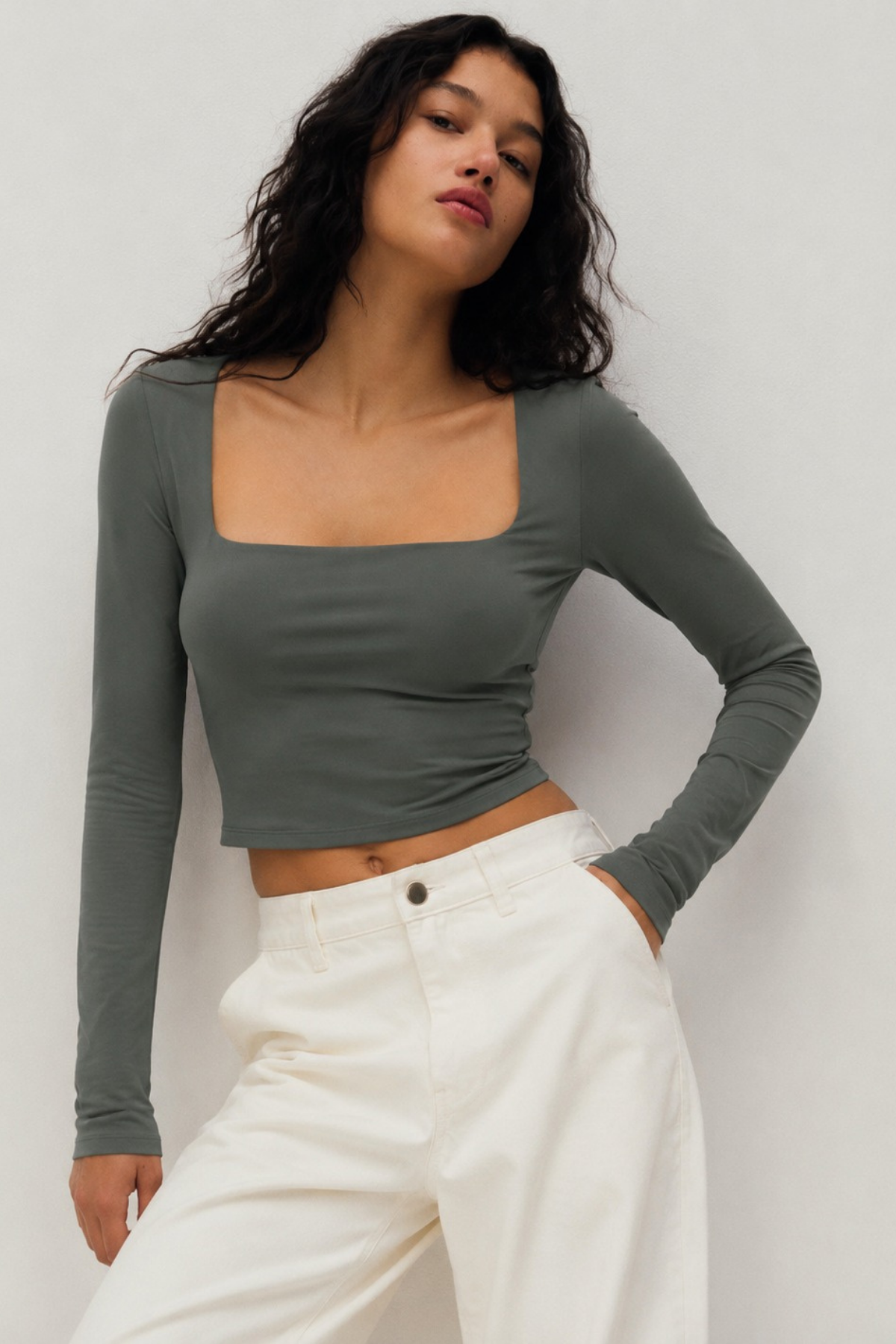 Füme Kare Yaka Uzun Kollu Kadın Body SH206