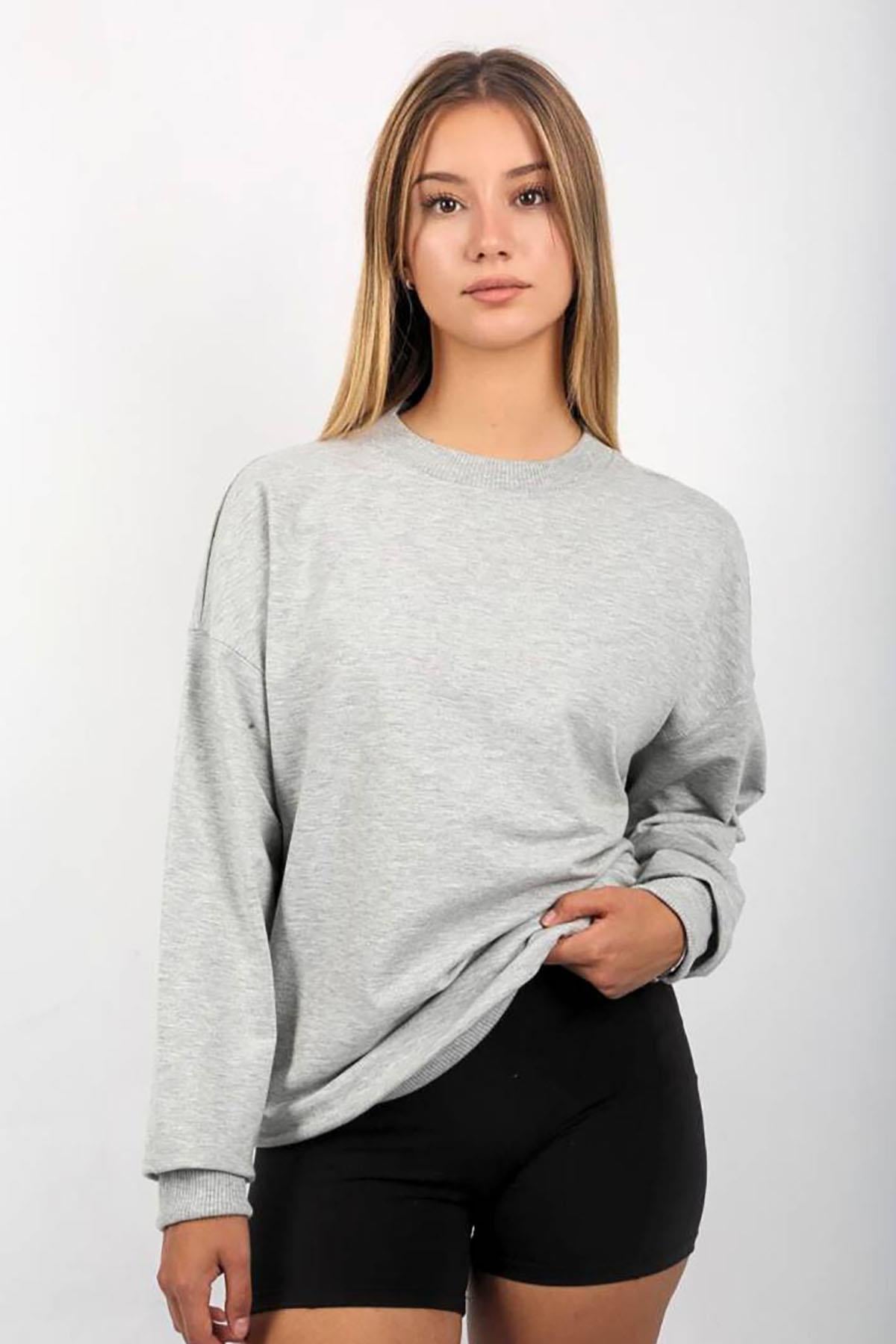 Gri Bisiklet Yaka Basic Sweatshirt SH111