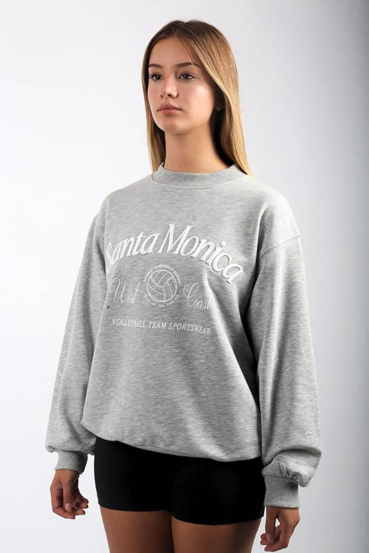 Gri Bisiklet Yaka Oversize Desenli Sweatshirt SH115