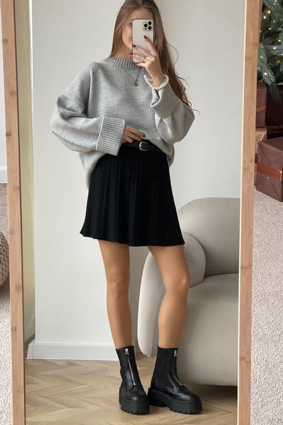 Gri Bisiklet Yaka Oversize Triko Kazak SH173