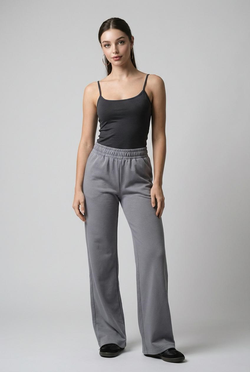 Gri Geniş Paça Beli Lastikli Basic Uzun Kadın Pantolon SH191
