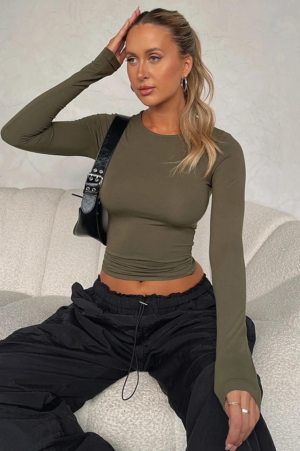 Haki Bisiklet Yaka Basic Uzun Kollu Body SH142