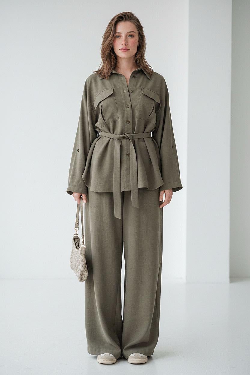 Haki Uzun Kollu Oversize Kadın Takım SH338