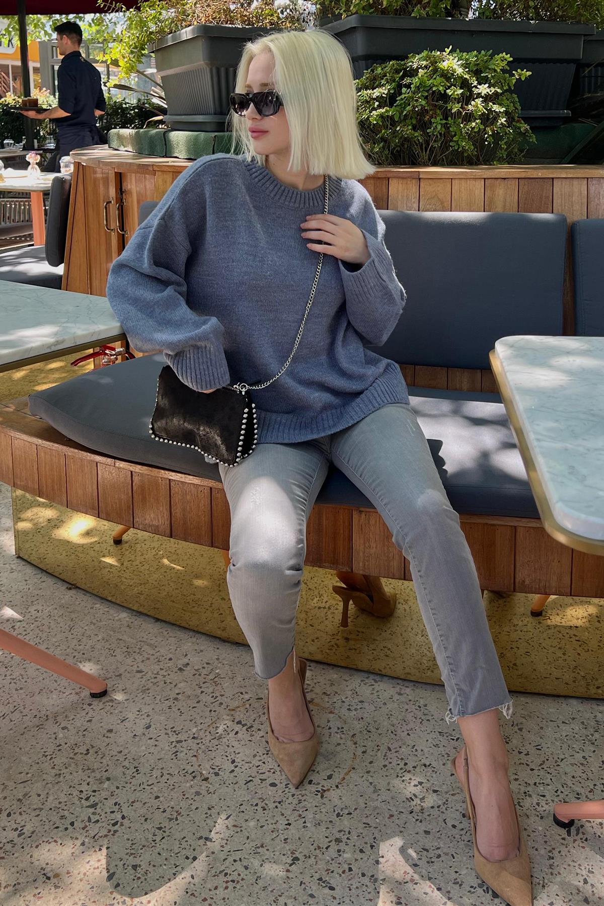 İndigo Bisiklet Yaka Oversize Triko Kazak SH173