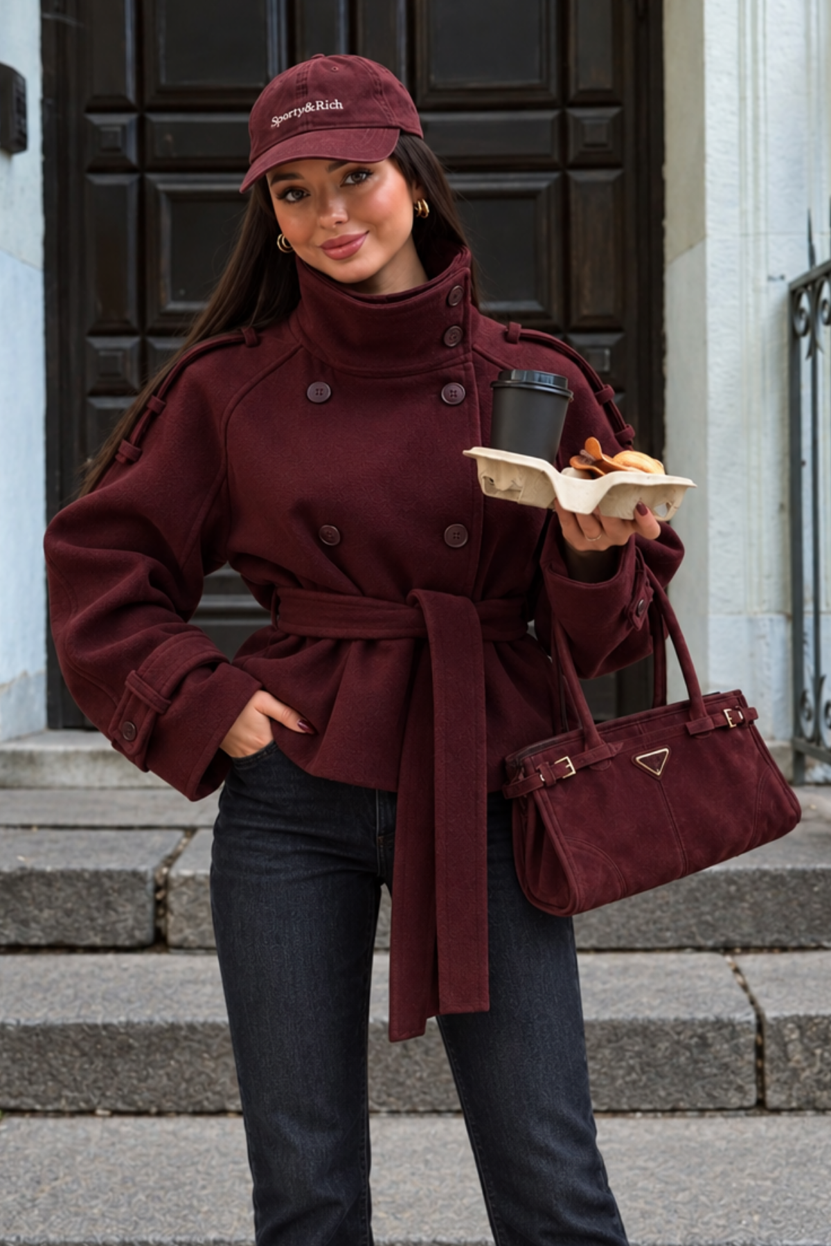 Kadın Bordo Dik Yaka Kemerli Kısa Kaşe Kaban SH398