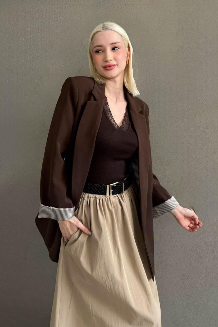 Kahverengi Kol Desenli Blazer Kadın Ceket SH339