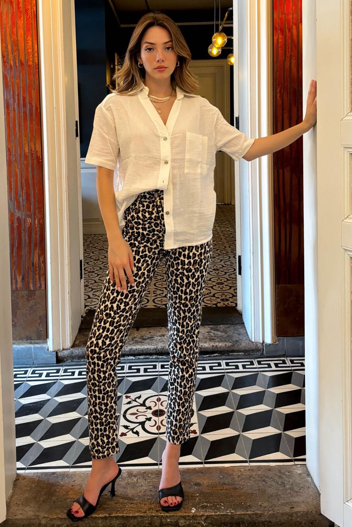 Kahverengi Leopar Palazzo Kadın Jean Pantolon SH175
