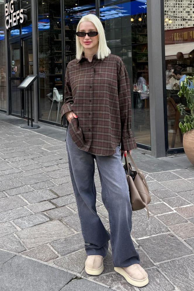 Kahverengi Oversize Ekose Desenli Kadın Gömlek SH334